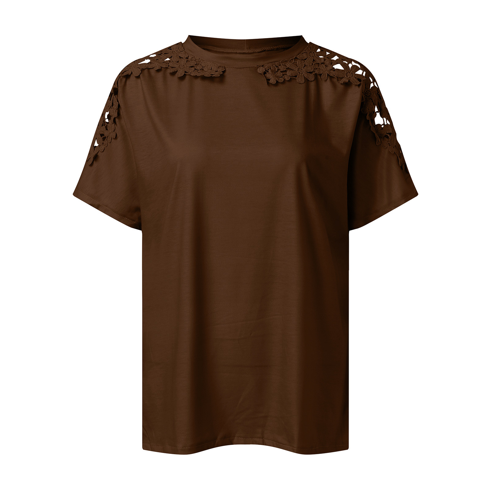 thumbnail image 4 of Top de manga corta de encaje y croché para mujer - Blusa informal de cuello redondo, poliéster, diseño con hombros al aire, corte holgado, ropa de primavera/verano, tallas S-XXL, contorno de pecho, 4 of 5